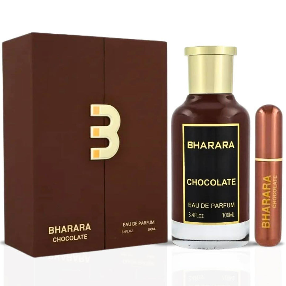 Bharara Chocolate & Bharara Queen Eau de Parfum sprays bundle, 100ml each, featuring elegant bottles by Bharara.