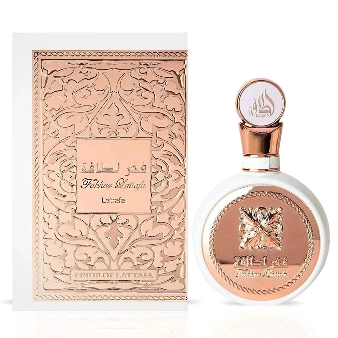 Lattafa Fakhar Women Eau de Parfum and All Over Spray bundle with two perfume bottles, 100ml and 150ml, featuring elegant packaging.