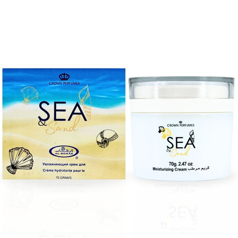 Sea & Sand Moisturizing Body Cream by Al Rehab in a 70g jar, showing the creamy texture and packaging.