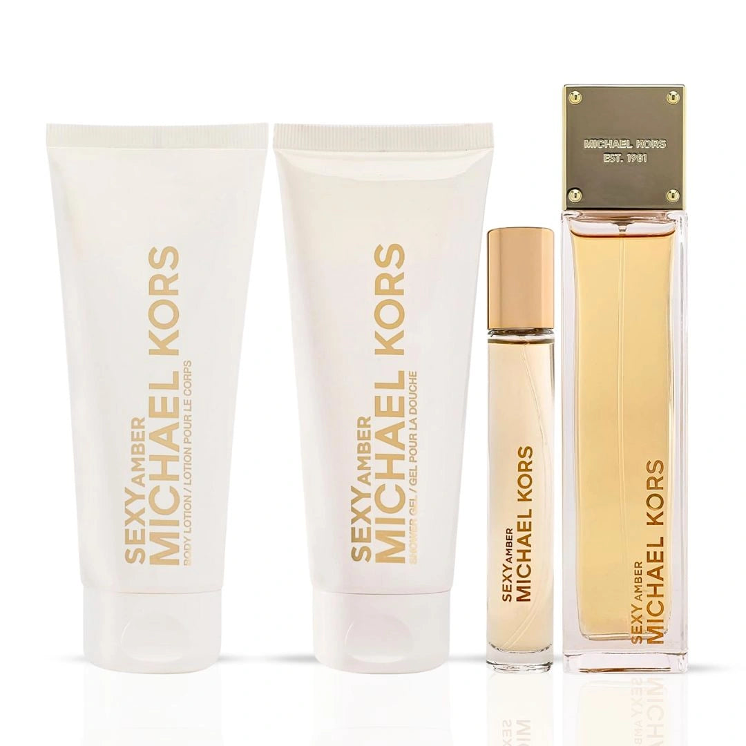 Michael Kors Sexy Amber 4Pc Gift Set (3.4oz EDP Spray, 3.4oz Body Lotion, 3.4oz Shower Gel, 10ml EDP Spray) | Luxurious Amber, Creamy Sandalwood, Soft Jasmine - Intense Oud