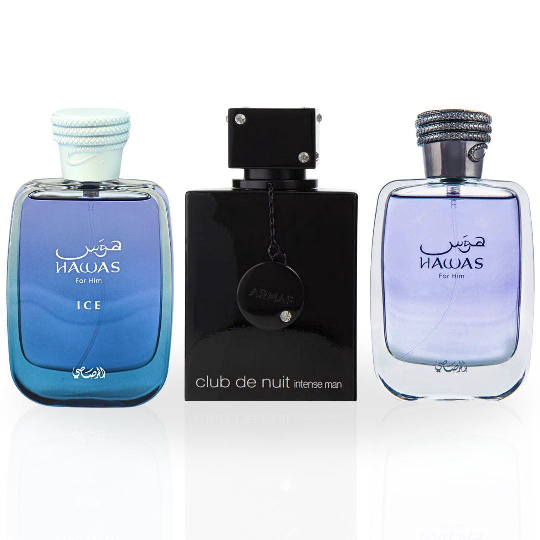 Hawas, Hawas Ice, Club De Nuit Intense - Eau De Parfum Sprays for Men | Long Lasting, Refreshing, Aquatic, Luxurious Masculine Scents. (VALUE PACK) - Intense Oud