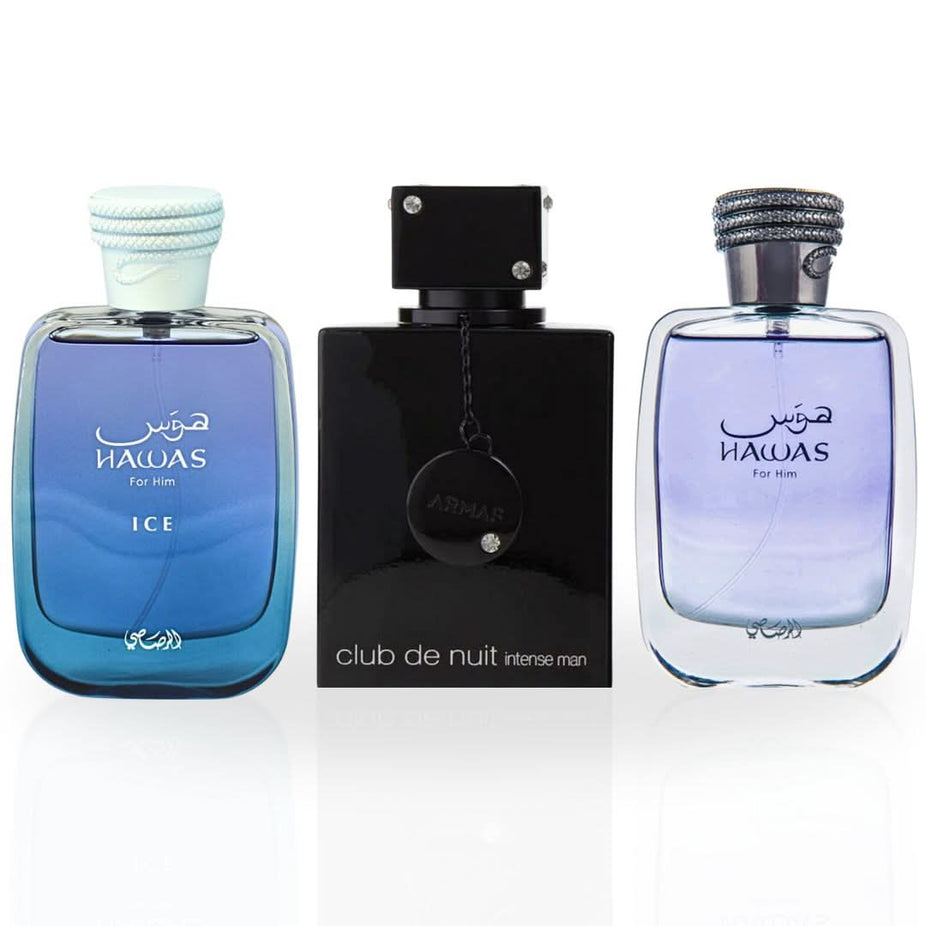 Intense Oud Hawas Ice and Club De Nuit Intense Eau de Parfum sprays for men in a value pack, featuring sleek bottle designs.