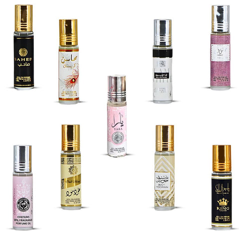 Set of nine Ard Al Zaafaran roll-on perfume oils in 10ml bottles, featuring various fragrances in a decorative collection.