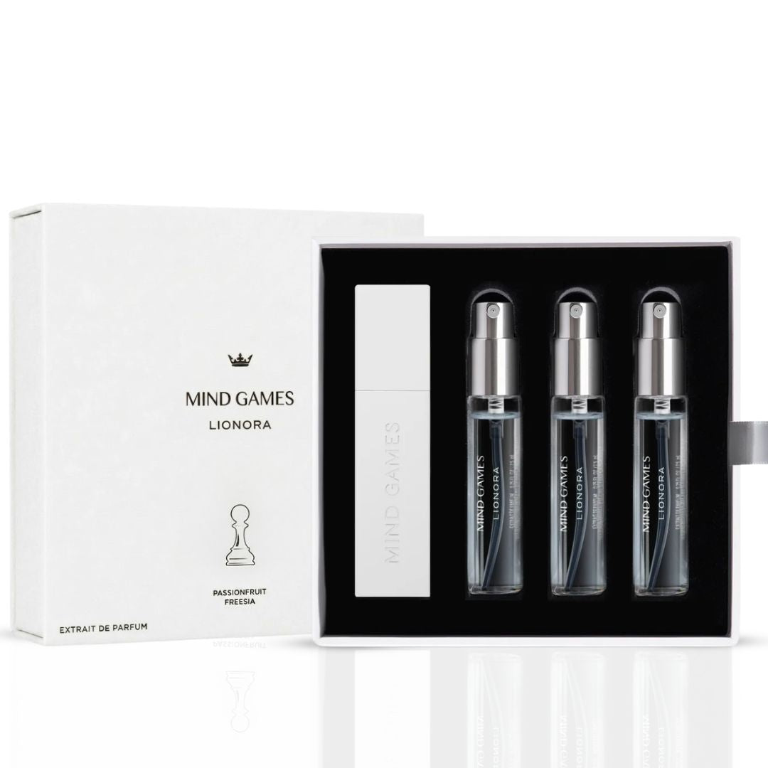 Lionora Travel Trio collection by Mind Games featuring three 7.5ml perfume bottles with elegant packaging and branding.
