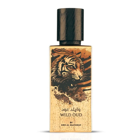 Wild Oud Eau de Parfum spray by Ard Al Zaafaran, 60ml bottle, featuring dark amber liquid and elegant packaging.