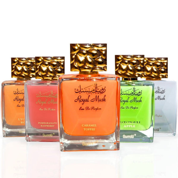 Royal Musk Caramel Toffee, Patchouli Apple, Pomegranate Raspberry, Lychee Rose & Royal Musk Eau de Parfum Sprays 100ml (3.4 oz) by Surrati (Collection)