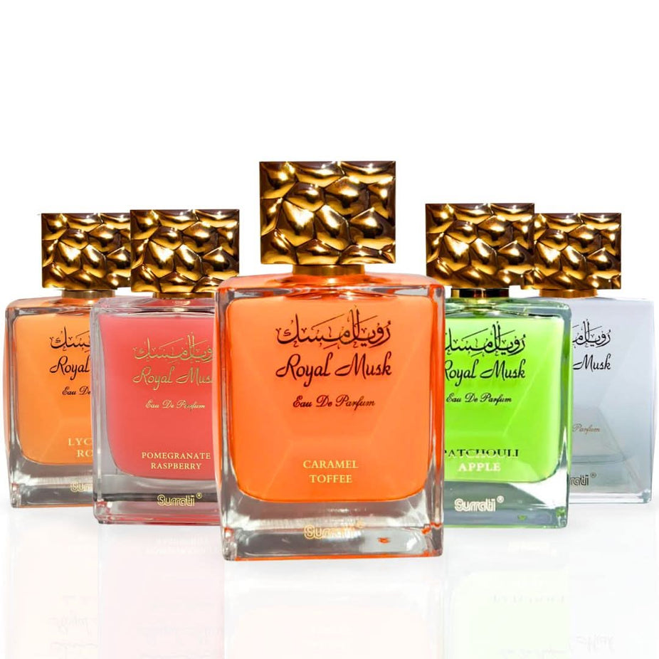 Surrati Royal Musk Caramel Toffee, Patchouli Apple, Pomegranate Raspberry, Lychee Rose Eau de Parfum collection bottles.
