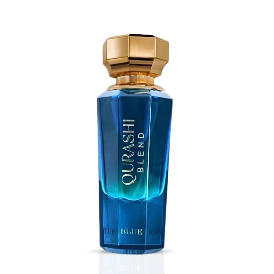 Al Qurashi Blend Blue Eau de Parfum Spray by ASQ, 90ml, featuring a sleek bottle with blue accents for men and women.