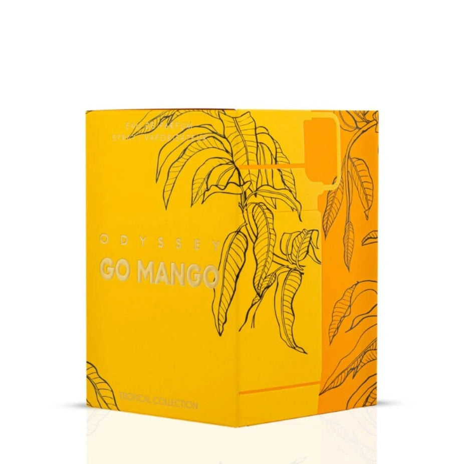 Odyssey Go Mango Tropical Collection Eau de Parfum spray by Armaf, 100ml bottle with tropical mango scent, elegant packaging.
