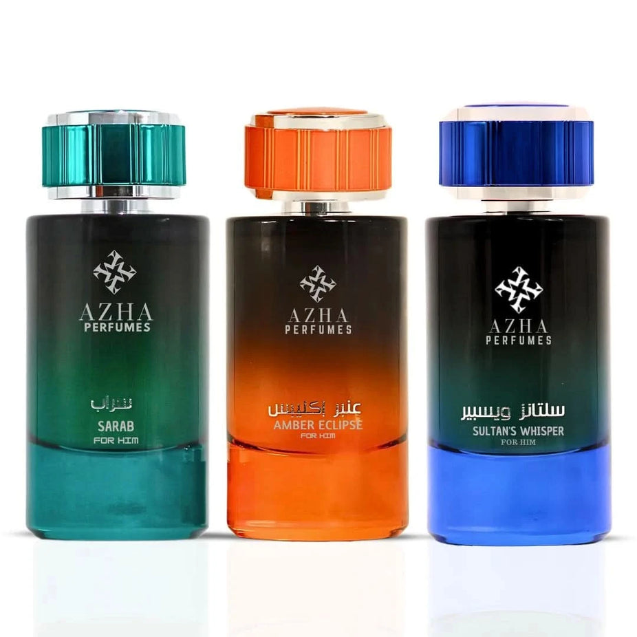 AZHA Sultan's Whisper, Amber Eclipse & Sarab For Him Eau de Parfum sprays in 100ml bottles from the collection.