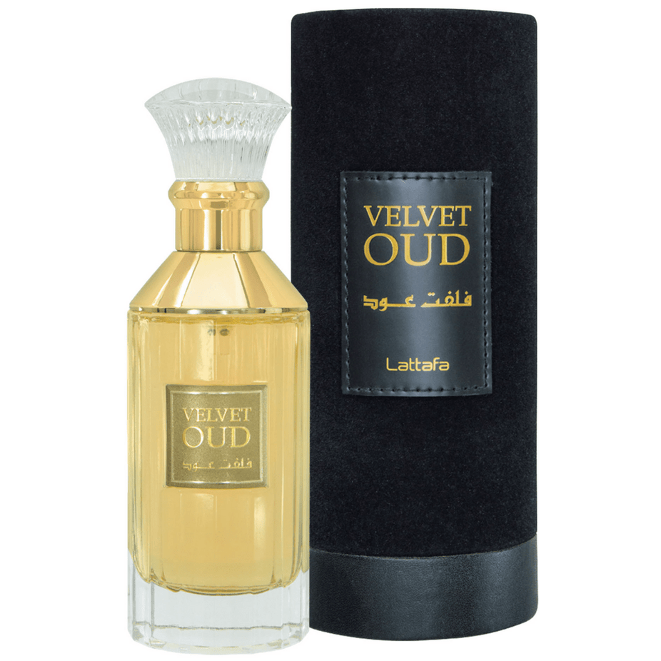 Lattafa Velvet Oud Eau De Parfum 100ML bottle with elegant packaging and luxurious velvet design.