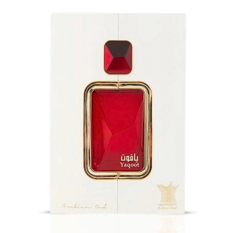 Arabian Oud Yaqoot Eau de Parfum spray bottle, 100ml, with elegant packaging and fragrance details visible.