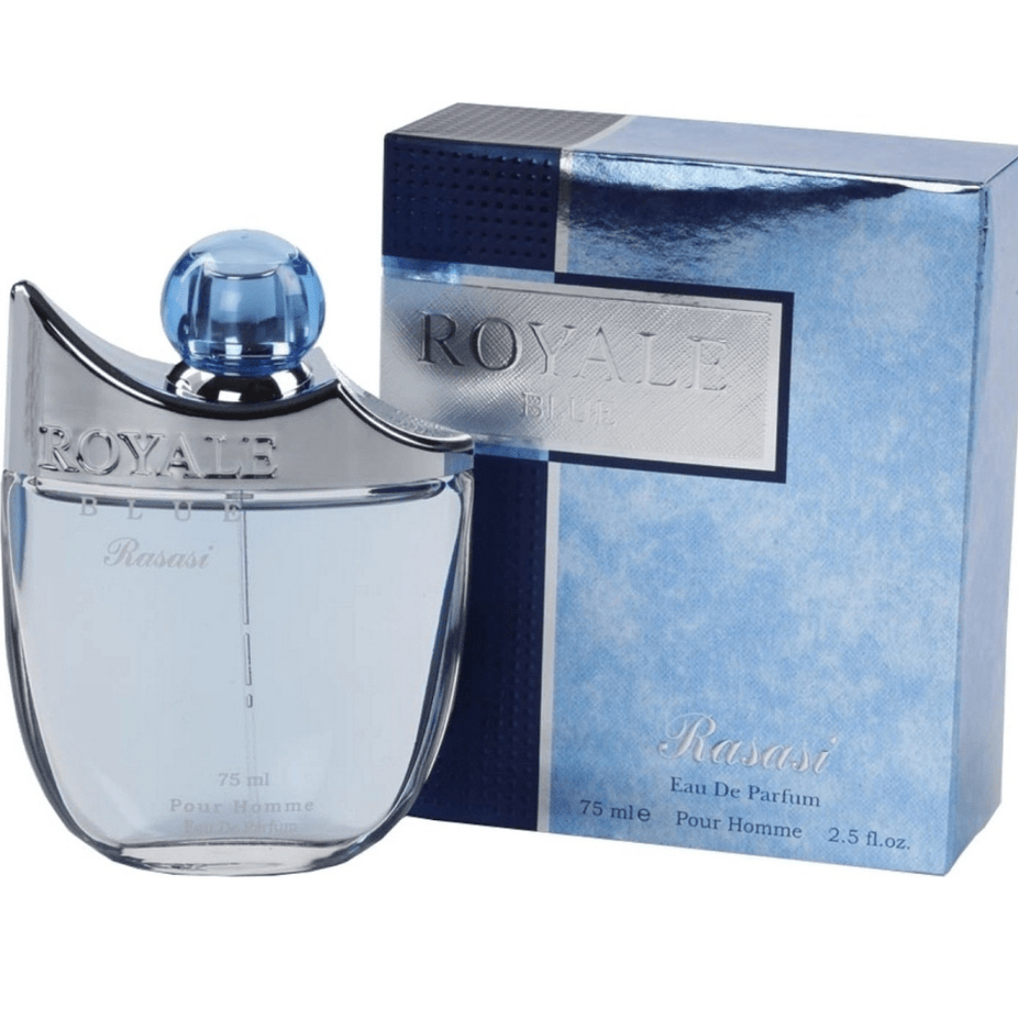 Royale Blue for Men Rasasi Eau De Parfum 75 ML bottle with sleek design and blue accents on the packaging.