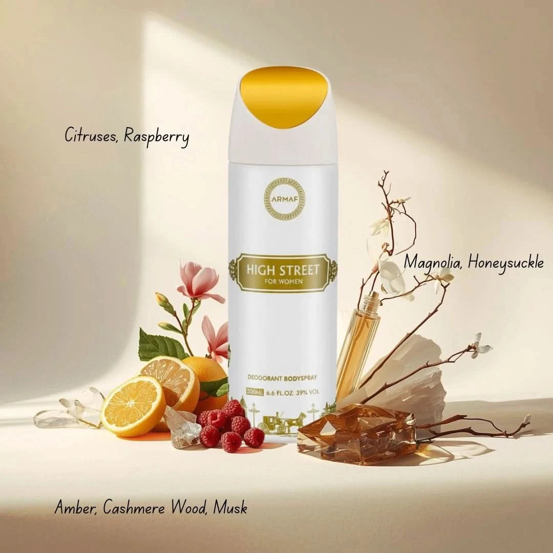 Armaf High Street Deodorant Spray 200ml with sleek bottle design, providing long-lasting freshness and odor protection.