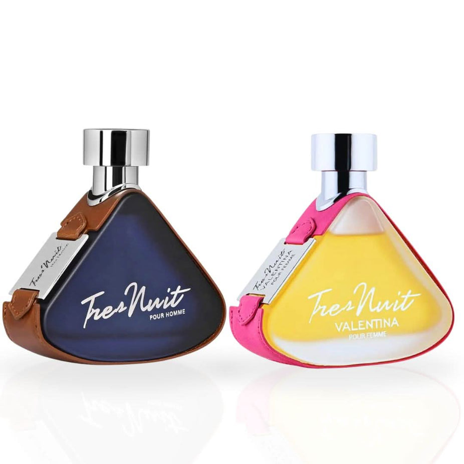 Armaf Tres Nuit Pour Homme and Valentina Pour Femme Eau de Parfum sprays in 100ml bundle, featuring stylish bottles and elegant packaging.