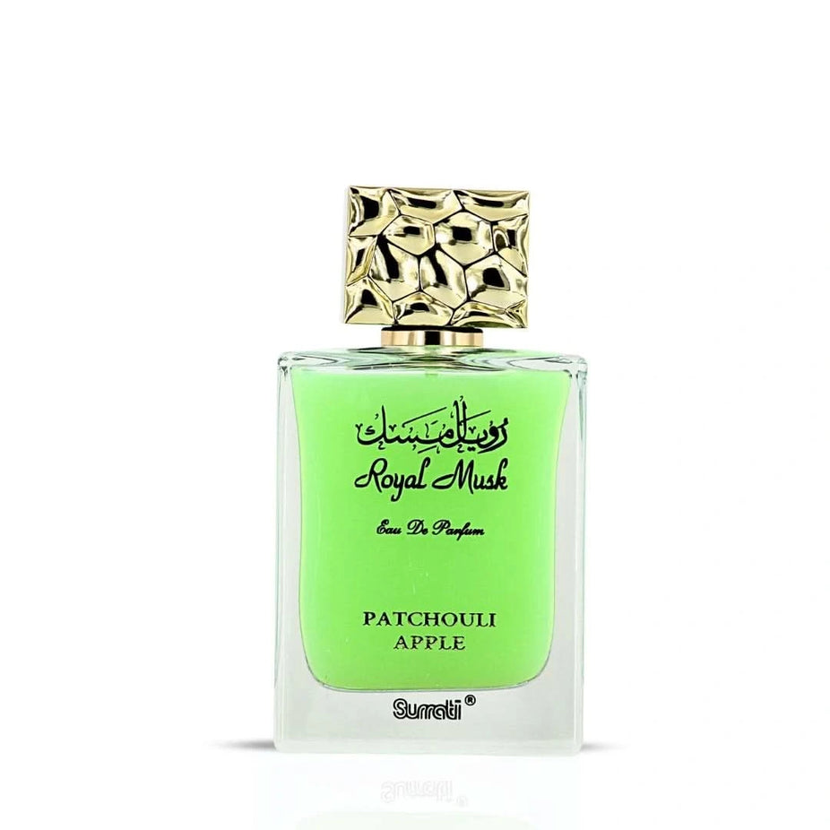 Surrati Royal Musk Patchouli Apple Eau de Parfum spray bottle, 100ml, with elegant packaging and floral and musk fragrance details.