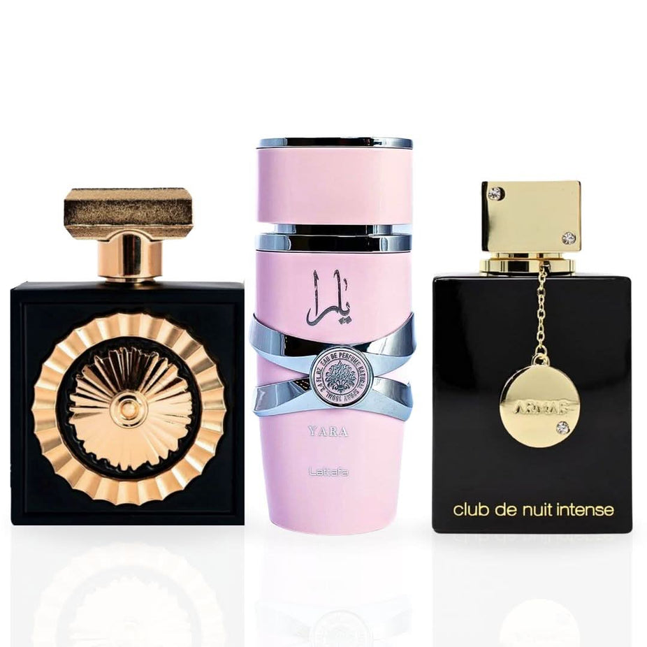 Intense Oud Yara Nebras Club De Nuit Intense Eau De Parfum spray set for women, featuring two elegant perfume bottles in a value pack.