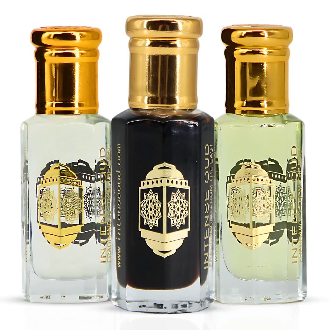Intense Oud Lady Mile perfume oils bundle featuring Aphrodisiac and Vanilla Rose scents in 12ml bottles with black gift box.