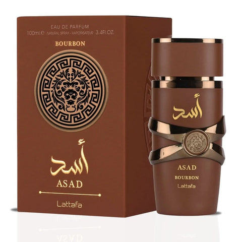 Three bottles of Lattafa Asad Bourbon Eau de Parfum Spray, 100ml each, in a value pack, with elegant perfume bottles.