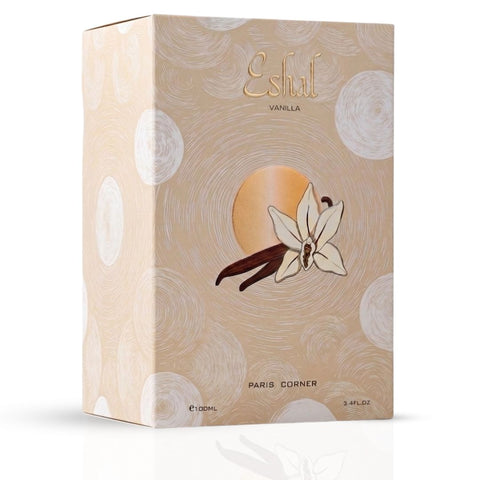 Eshal Vanilla Eau de Parfum spray by Paris Corner, 100ml bottle with elegant floral design and vanilla fragrance accents.