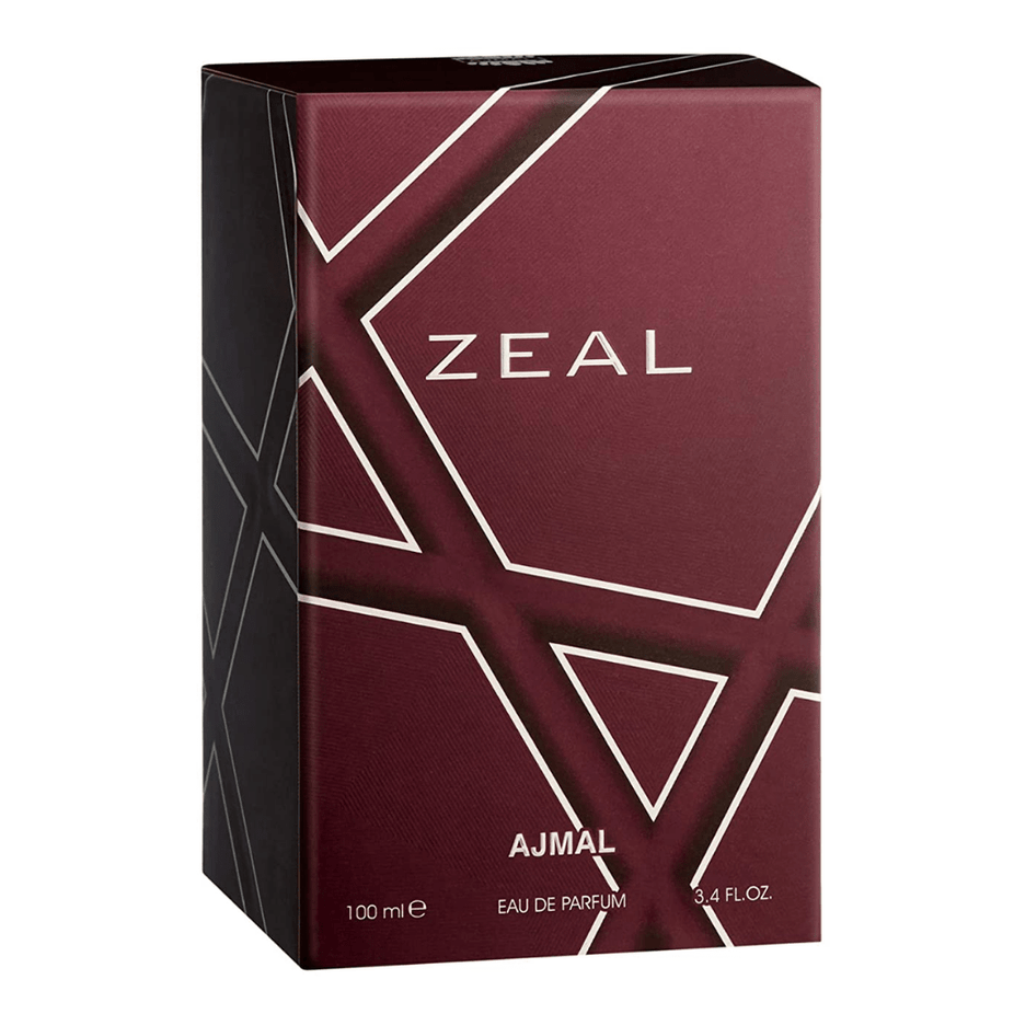 Ajmal Zeal for Men Eau De Parfum 100ML bottle with sleek design, showcasing the men's fragrance product.