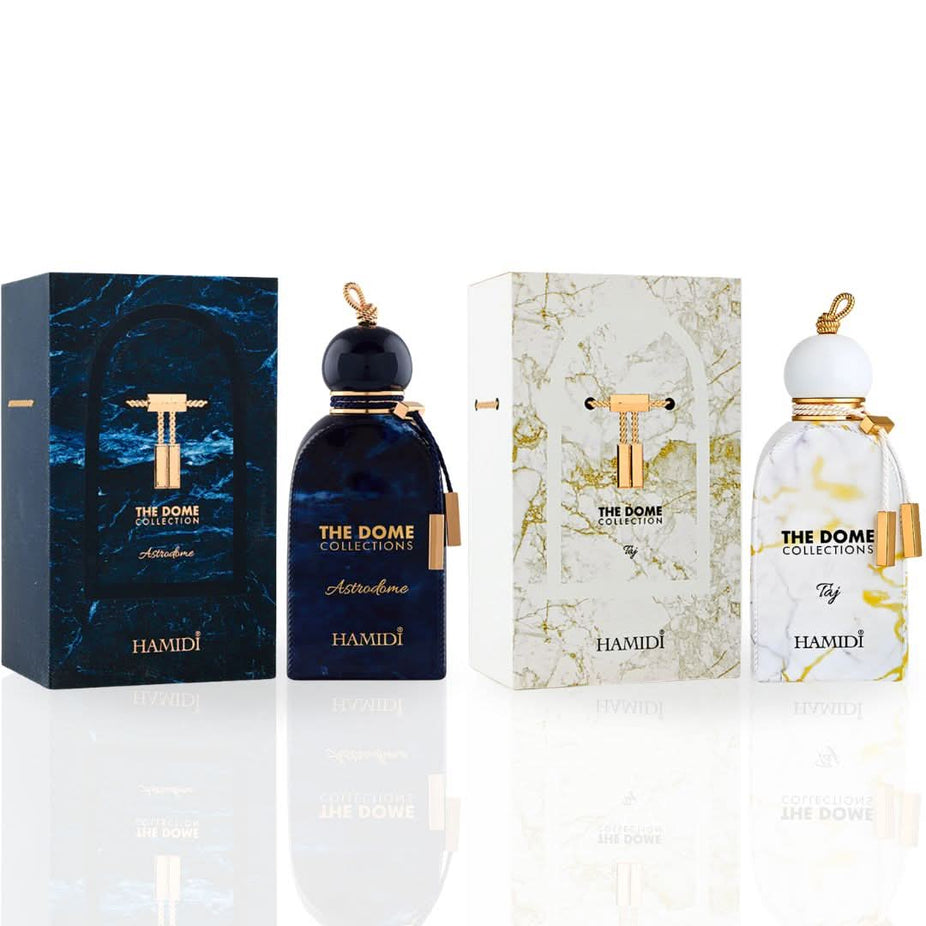 Hamidi The Dome Astrodome & Taj Eau de Parfum sprays bundle, each 100ml, featuring elegant glass bottles with decorative caps.