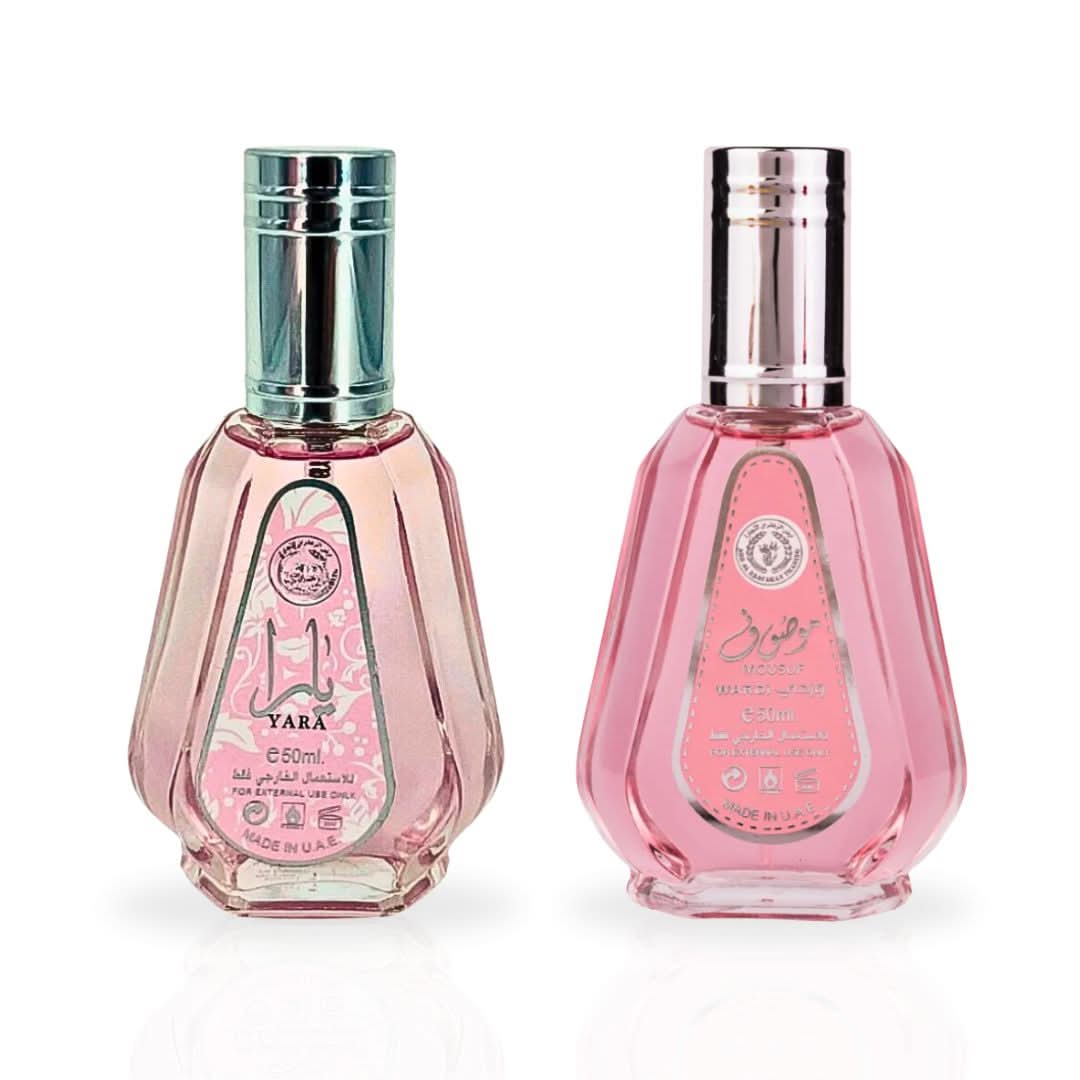 Ard Al Zaafaran Yara & Mousuf Wardi Eau de Parfum bundle with two 50ml spray bottles, elegant perfume packaging.