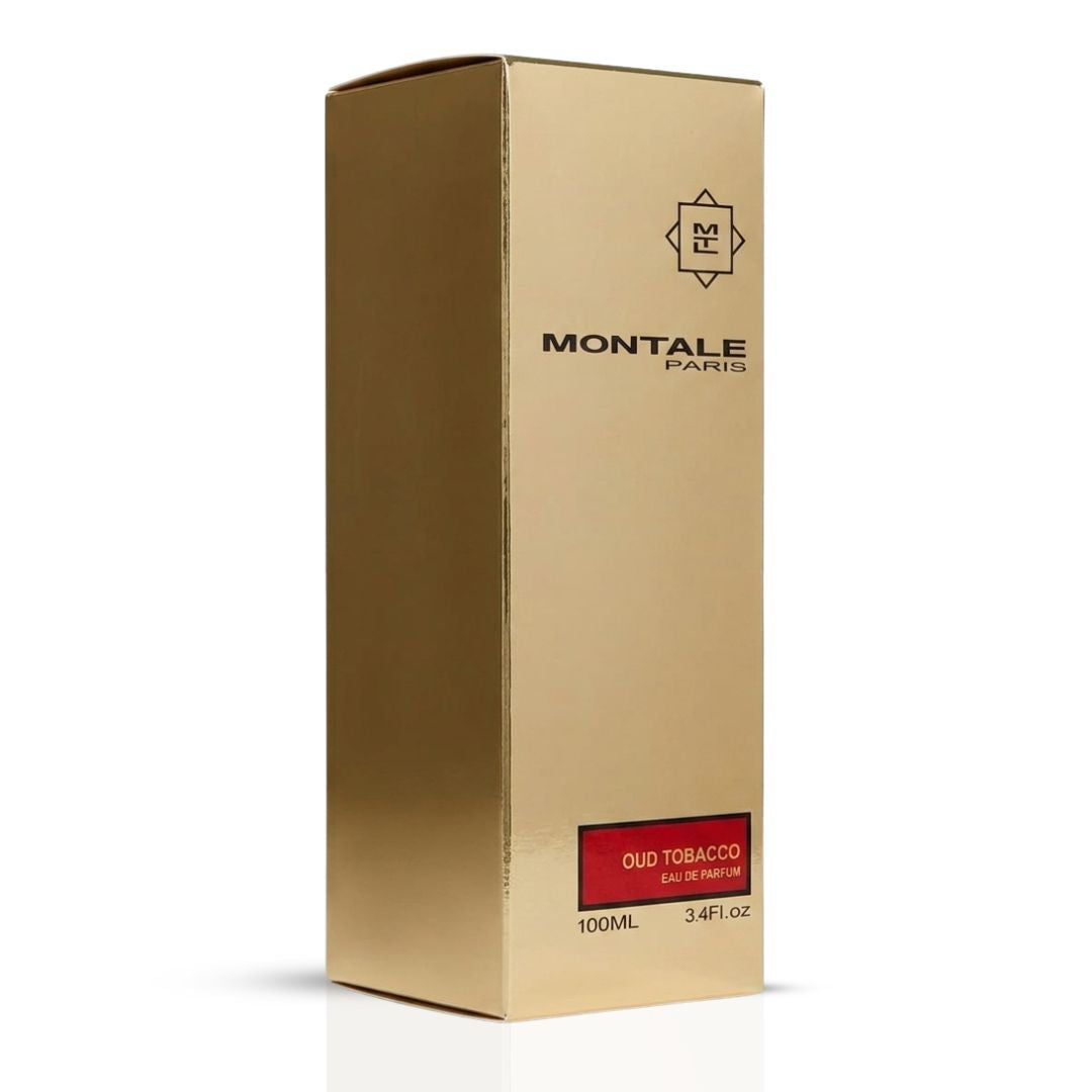 Montale Oud Tobacco Eau de Parfum spray bottle, 100ml, with luxurious packaging and dark amber liquid inside.
