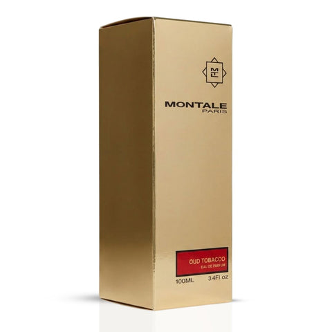 Montale Oud Tobacco Eau de Parfum spray bottle, 100ml, with luxurious packaging and dark amber liquid inside.