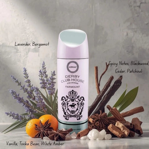 Armaf Derby Club House deodorant spray bottle, 200ml, with sleek packaging and clear spray nozzle, designed for freshness and odor control