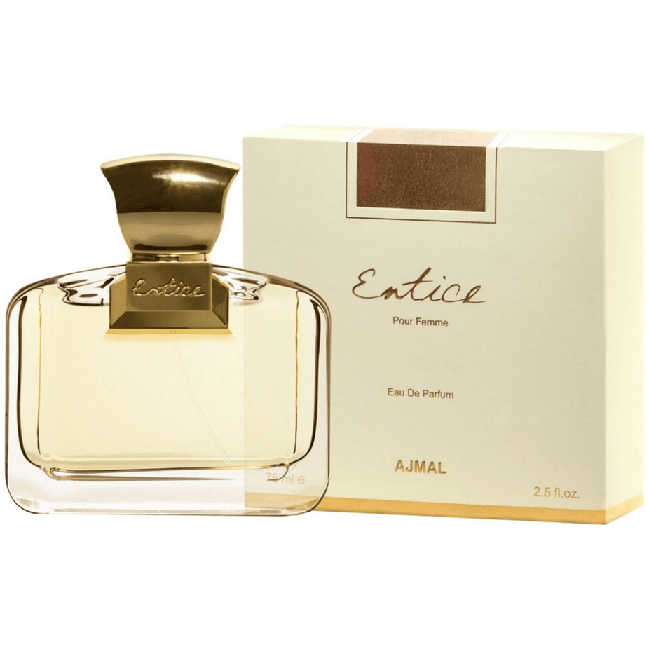 Ajmal Entice for Women Eau De Parfum 75 ML bottle, elegant fragrance with floral and musky notes in a sleek glass bottle.
