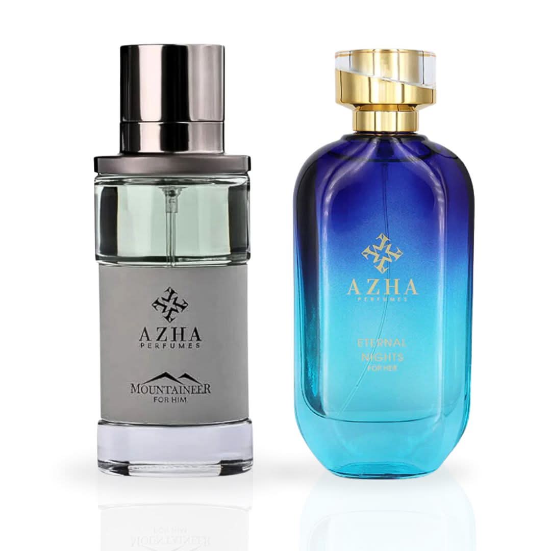 AZHA Mountaineer for Him and Eternal Nights for Her 100ml Eau de Parfum bundle bottles, elegant packaging, and sleek design.