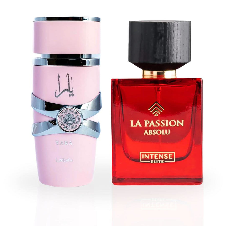 Bundle of Yara by Lattafa and La Passion Absolu by Intense Elite Eau de Parfum sprays, 100ml bottles, from Intense Oud.