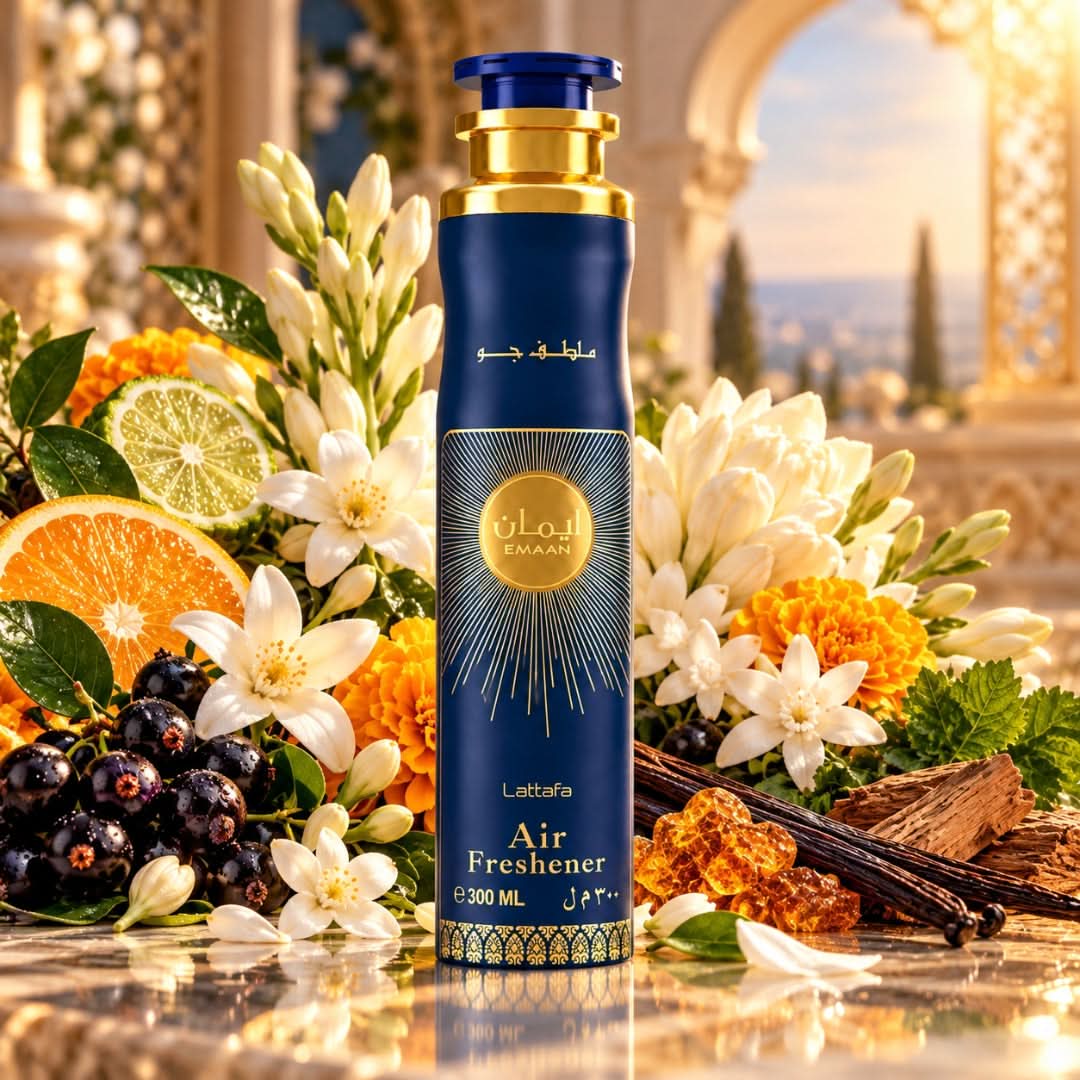 Lattafa Emaan Air Freshener 300ml bottle with floral design, showcasing the fresh and aromatic scent.