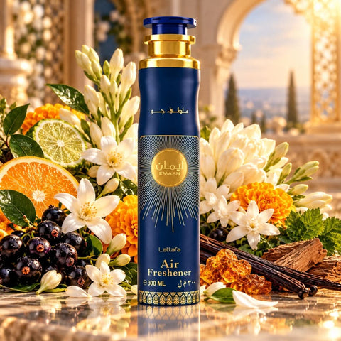 Lattafa Emaan Air Freshener 300ml bottle with floral design, showcasing the fresh and aromatic scent.