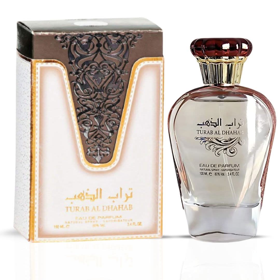 Bundle of two Ard Al Zaafaran Turab Al Dhabab & Turab Al Dhahab rose Eau de Parfum sprays, 100ml bottles with elegant packaging.