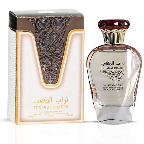 Bundle of two Ard Al Zaafaran Turab Al Dhabab & Turab Al Dhahab rose Eau de Parfum sprays, 100ml bottles with elegant packaging.