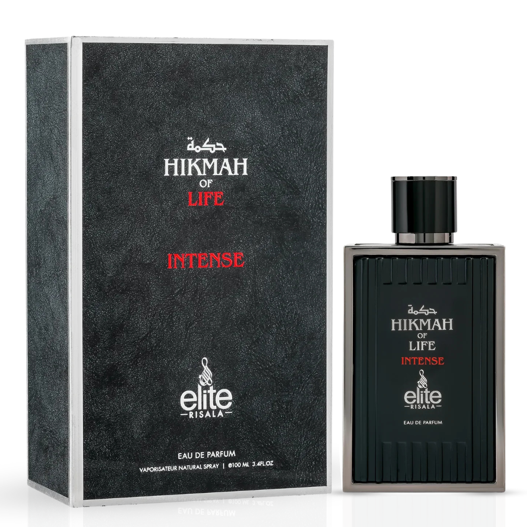 Elite Risala Hikmah Of Life, Love & Intense Eau de Parfum bundle with three 100ml spray bottles, elegant packaging.