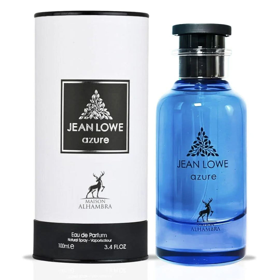 Maison Alhambra Jean Lowe Azure and Fraiche Eau de Parfum sprays in 100ml bundle, featuring sleek bottles and elegant design.
