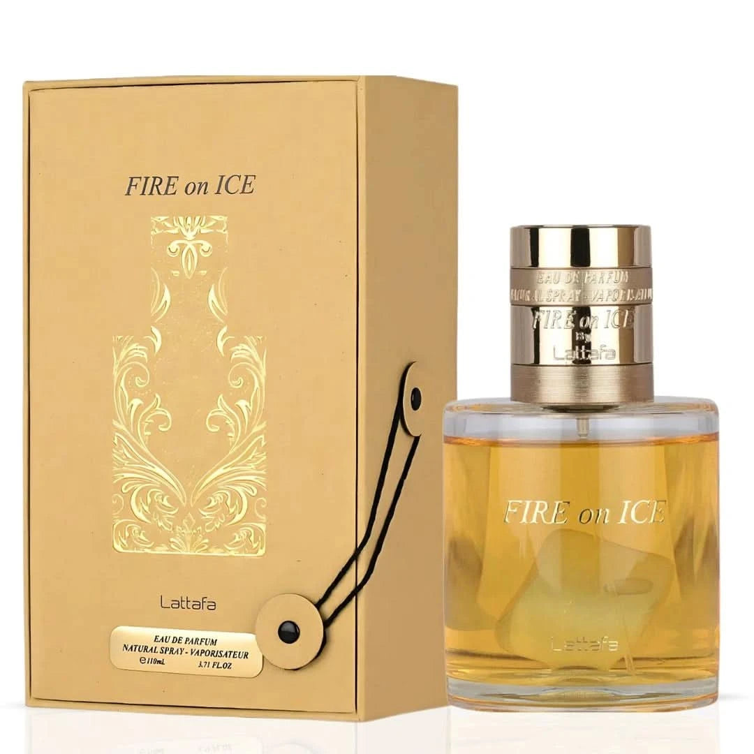 Bundle of Lattafa Fire On Ice 110ml and Rasasi Hawas Pink 100ml Eau de Parfum sprays, featuring elegant bottle designs.