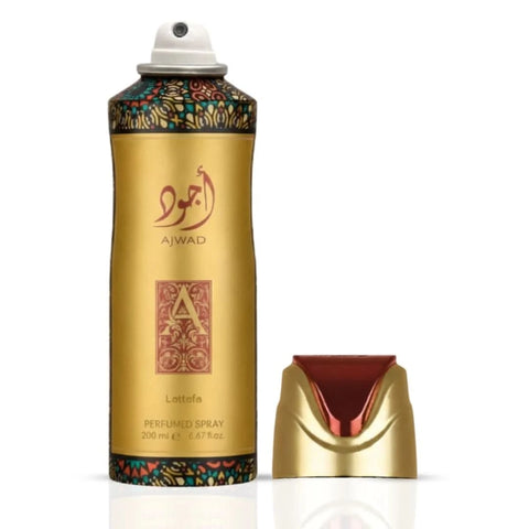 Ajwad Deodorant Spray by Lattafa, 200ml bottle, showcasing the sleek packaging and product label.