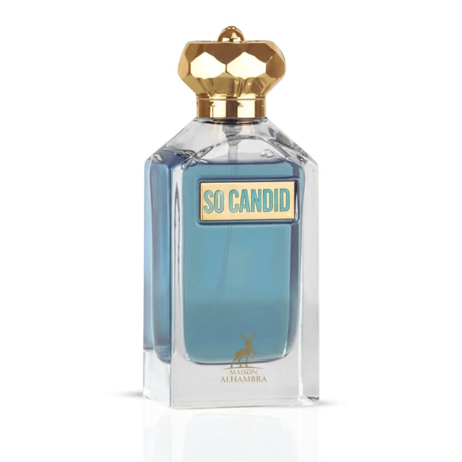 So Candid Pour Homme Eau de Parfum spray by Maison Alhambra, 100ml bottle with sleek design and silver cap, on a neutral background.