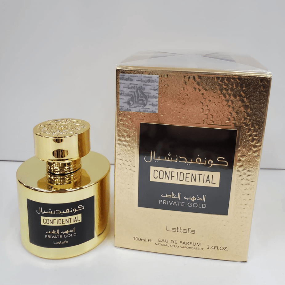 Confidential Private Gold Eau de Parfum spray by Lattafa, 100ml bottle, featuring elegant gold packaging and a sleek design.