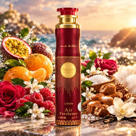 Lattafa Sakeena air freshener 300ml bottle with floral and citrus scent, displayed with fresh, vibrant flowers.