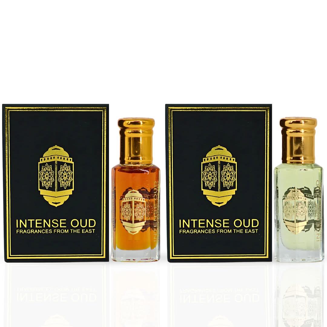 Bundle of Intense Oud Nouf and Dark Amber perfume oils in 12ml bottles with a black gift box, featuring luxurious fragrance packaging.