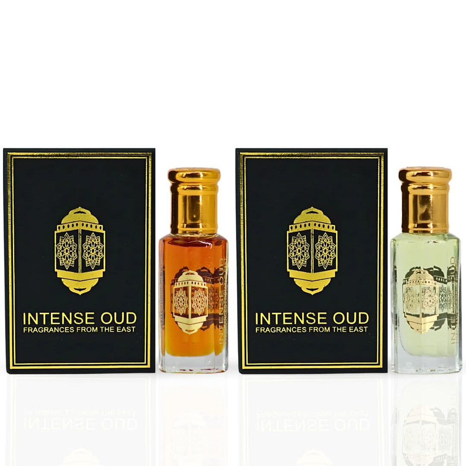 Bundle of Nouf and Dark Amber perfume oils by Intense Oud in 12ml bottles with black gift box, elegant and aromatic fragrance set.