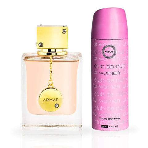 Armaf Club De Nuit Women Eau de Parfum 105ml and Perfumed Body Spray 200ml bundle, featuring elegant bottles and floral designs.
