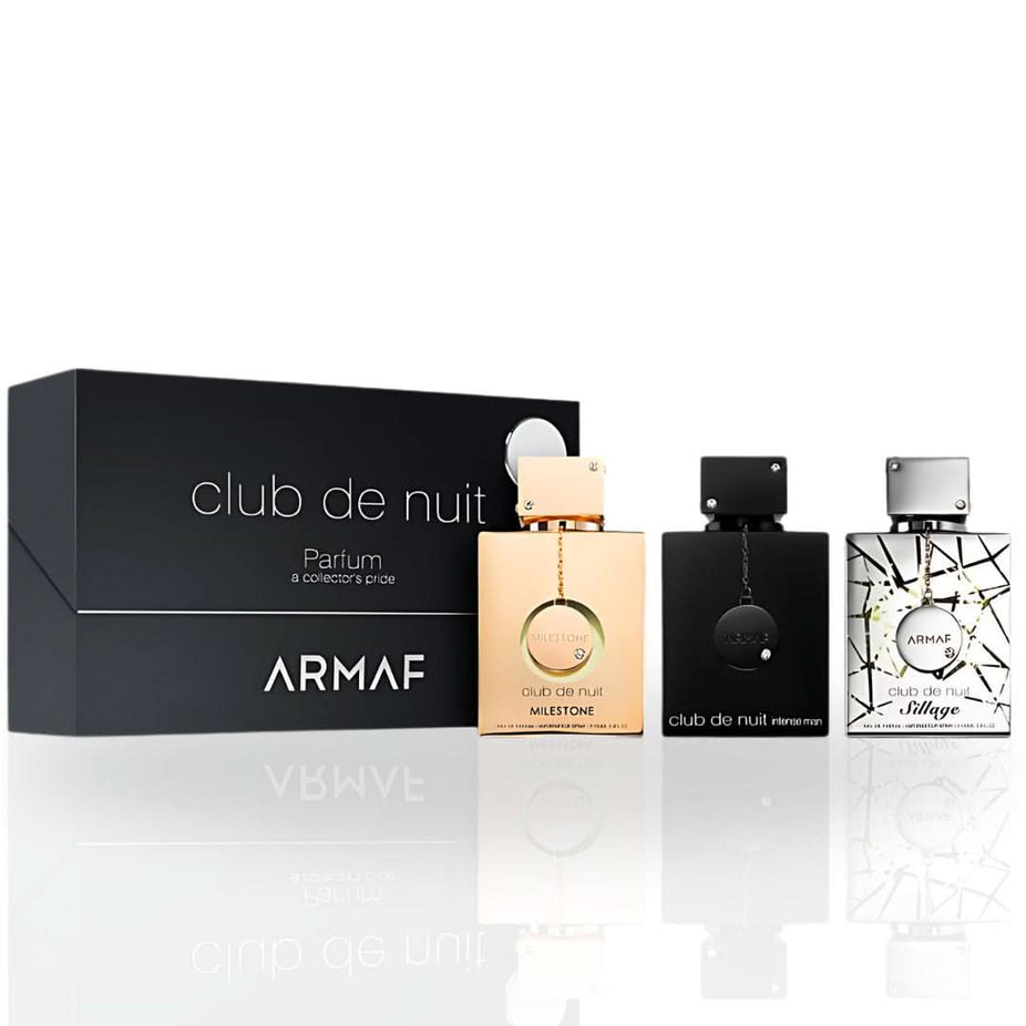 Armaf Club De Nuit Collector's Pride 3-piece EDP gift set with three 30ml spray bottles on a white background.