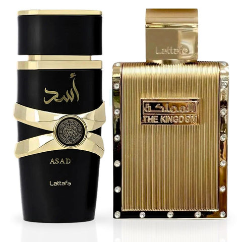 Lattafa Asad & The Kingdom for Men Eau de Parfum bundle, two 100ml spray bottles, featuring elegant packaging and branding.