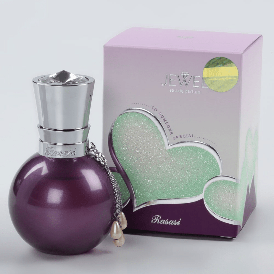 Rasasi Jewel for Women Eau De Parfum 50ML bottle with elegant floral and jewel-inspired design.